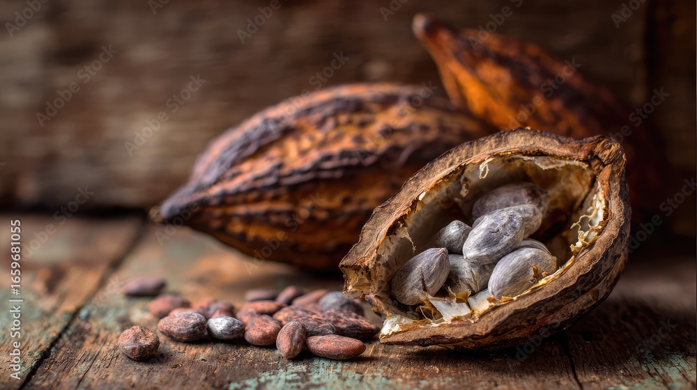 Poster close-up of cocoa pods and seeds arranged on rustic wooden surface highlighting natural textures and