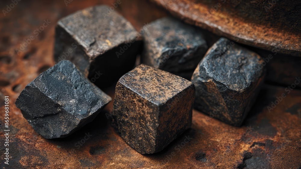 Poster close-up of rugged metallic cubes resting on a rusty surface highlighting texture and natural imperf