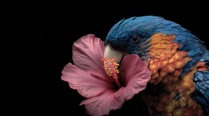 Vibrant Parrot Nestled Against a Pink Hibiscus Flower on a Dark Background Showcasing the Beauty and Colorfulness of Exotic Birds in Nature