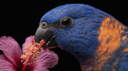 Colorful Parrot with Blue and Orange Feathers Eating from a Beautiful Pink Flower Against a Dark Background in Stunning Detail