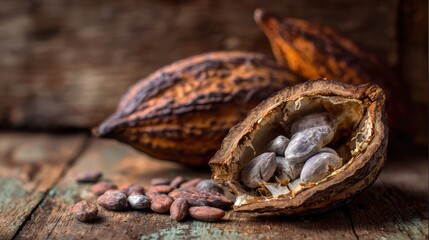 Fototapeta premium Close-Up of Cocoa Pods and Seeds Arranged on Rustic Wooden Surface Highlighting Natural Textures and Rich Colors Perfect for Food and Agriculture Themes