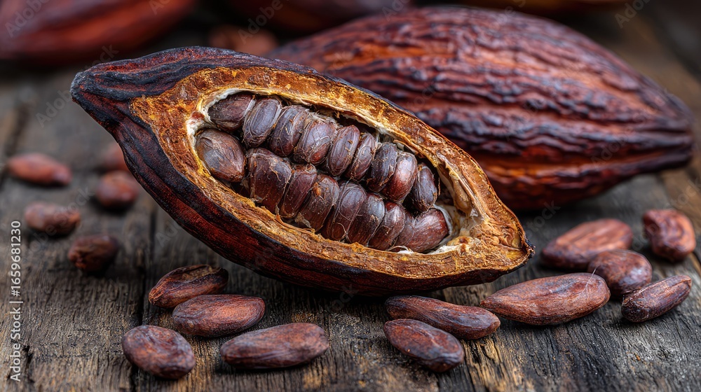 Poster close-up of a split cacao pod revealing cocoa beans nestled inside, lying on rustic wooden backgroun