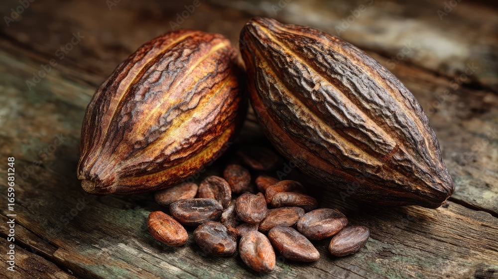 Poster fresh cocoa pods displayed on rustic wooden surface with cocoa beans spread around, perfect for choc