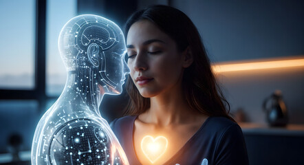 Woman embracing digital hologram of humanoid AI with glowing heart