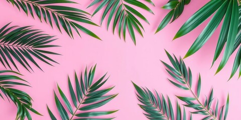 Fototapeta premium Pastel pink background adorned with tropical palm leaves arranged in a summery flat lay composition, space, overhead