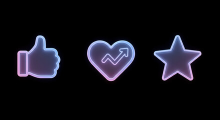 Abstract Neon Icons Thumbs Up Heart With Graph Star And Black Background