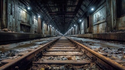 Fototapeta premium Stunning Perspective of Abandoned Train Tunnel with Gleaming Tracks and Mysterious Lighting, Capturing Industrial Decay and Urban Exploration in a Striking Composition