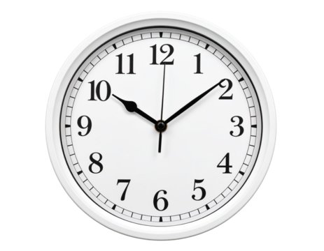  Slightly Tilted Perspective of White Analog Clock, Showing Hands and Numbers Clearly, Transparent Background PNG