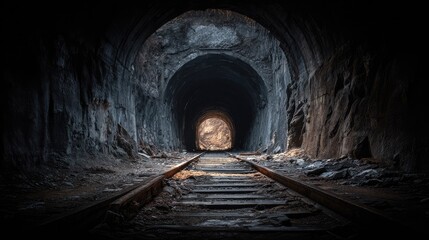 Dark and Mysterious Abandoned Tunnel with Rustic Wooden Tracks Leading into a Bright End, Capturing the Essence of Exploration and Adventure in Nature