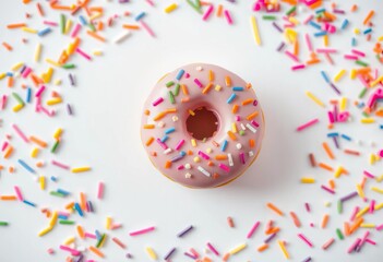 Pink donut with colorful sprinkles, isolated on white Flat lay, bakery, texture