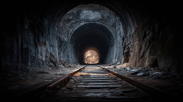 Dark and Mysterious Abandoned Tunnel with Rustic Wooden Tracks Leading into a Bright End, Capturing the Essence of Exploration and Adventure in Nature - Powered by Adobe