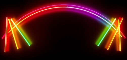 Rainbow arc of glowing neon sticks on black, ample copy space, illumination, glow
