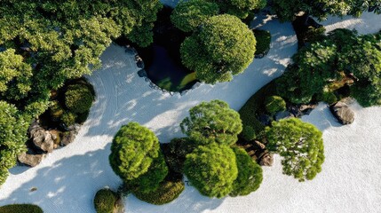 Aerial View of Serene Japanese Zen Garden with Rock Patterns, Lush Green Trees, Tranquil Water Pond, and White Gravel Pathways Reflecting Peaceful Landscape Harmony