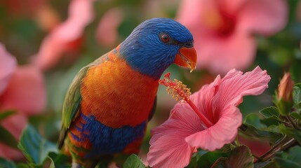 Vibrant Rainbow Lorikeet Feeding on Pink Hibiscus Flower in a Colorful Tropical Garden Surrounded by Lush Green Leaves and Blooming Floral Background