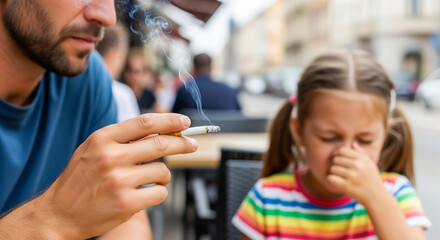 Harm from passive smoking. Little girl covers her nose with her hand because a man smokes next to her while sitting at a table in a cafe, focus on the cigarette, the girl is blurred