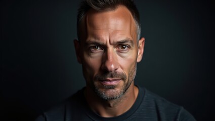 Obraz premium Close-up portrait of a man with a serious and thoughtful expression, set against a dark backdrop, highlighting his intense gaze.