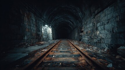 Naklejka premium Dark Abandoned Railway Tunnel with Mysterious Vibes and Eerie Atmosphere, Dim Lighting Illuminating Old Stone Walls and Tracks, Inviting Exploration