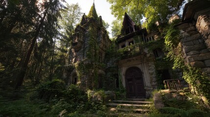 Fototapeta premium An overgrown, dilapidated mansion nestled deep within a lush forest.
