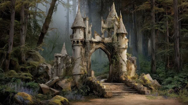 A crumbling stone castle in a mystical forest.