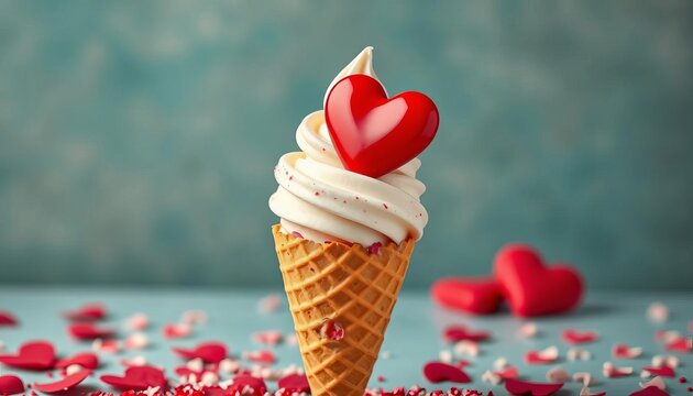 Romantic Valentine's Day ice cream cone background with a red candy heart, valentines day, clip art - Powered by Adobe