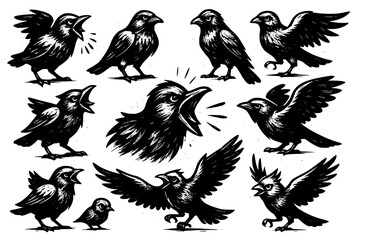 Obraz premium A black vector illustration of a set of flying birds, including an eagle, with detailed wing and feather designs