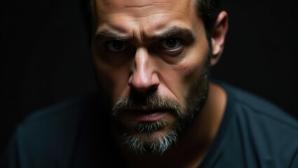 Fototapeta premium A close-up portrait of a man with an intense and serious expression, highlighting his focused gaze and shadowed features against a dark background.