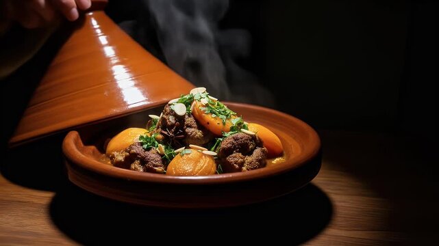 Steaming lamb tagine with apricots almonds and herbs in a terracotta dish rich colors on a dark background