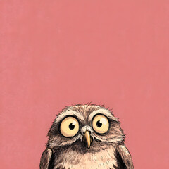 A cartoon owl with big eyes and a pink background