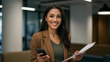 Smiling businesswoman holding a smartphone and document in a modern office setting, representing success and professionalism - Powered by Adobe