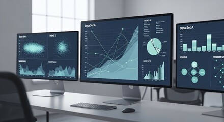 Multiple Computer Screens Displaying Data Analysis Graphs.