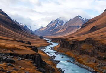 Serene Icelandic river carves through rugged valley, majestic mountains loom in background, rock, habitat
