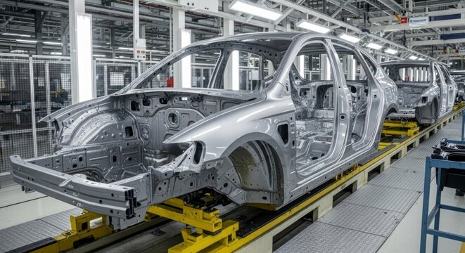 Gleaming Body-in-White Car Frames on a Brightly Lit Automotive Assembly Line.