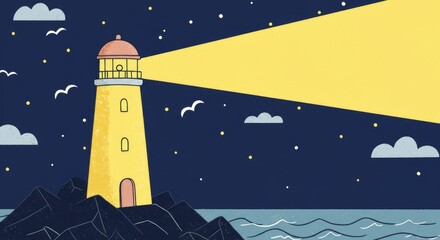 Illuminated Lighthouse Guiding Ships Through Night Sky, Vector Illustration.