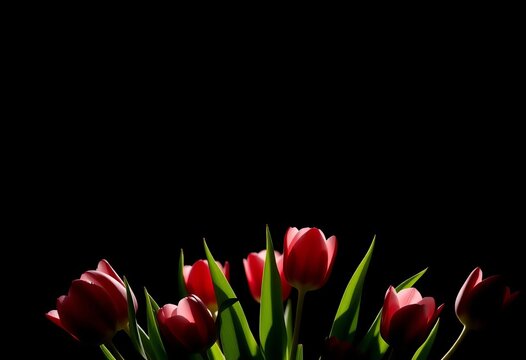 Silhouetted tulips backlit against a pure black background, showcasing delicate details, single, high-key