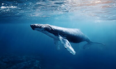 Fototapeta premium a blue whale deep under the water swimming on the deep