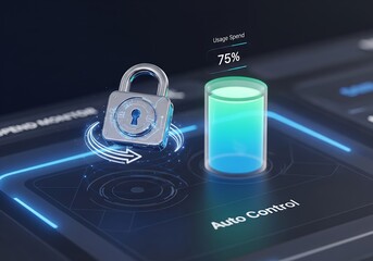 Abstract 3D Render of "Auto Control" Digital Security and Usage Spend Management with a Rotating Padlock and a 75% Full Battery or Meter Indicator.
