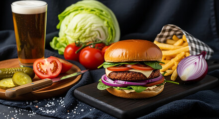 Delicious gourmet burger with fresh ingredients served with beer and french fries