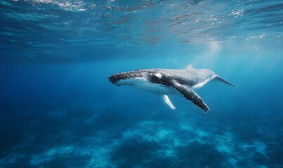 Obraz premium a blue whale deep under the water swimming on the deep