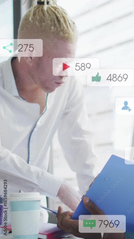 Poster animation of multiple notification bars over diverse coworkers discussing reports in office