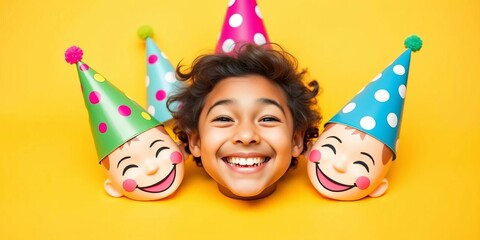 Smiling face with party hats on yellow background, happy birthday, cheerful