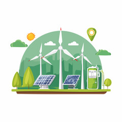 Fototapeta premium Vector icons of clean green energy technology featuring solar, wind, electric scooter, and smart grid devices in flat design on white background.