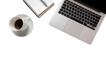 laptop on white desk with notebook and coffee cup