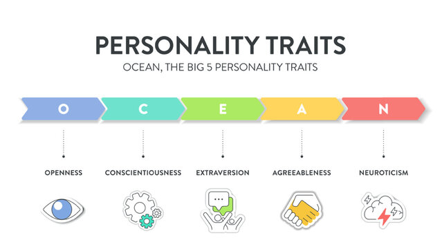 Big Five Personality Traits or OCEAN infographic has 4 types of personality, Agreeableness, Openness to Experience, Neuroticism, Conscientiousness and Extraversion. Mental health presentation vector.