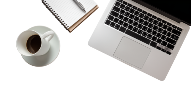 laptop on white desk with notebook and coffee cup