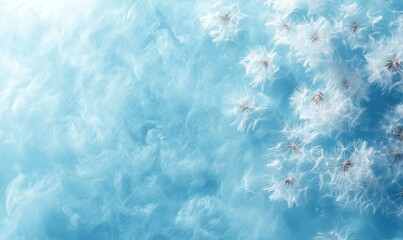Obraz premium Dandelion fluff background for aesthetic minimalism style, featuring light blue colors and elegant flying fluffs, representing the fragile beauty of nature in a calm, serene environment, Generative AI