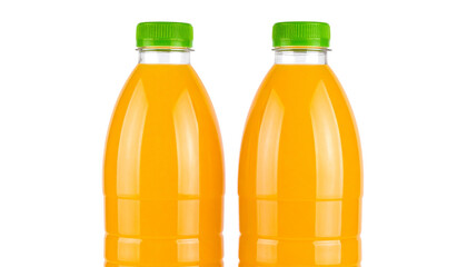 two bottles orange juice with a green cap. isolated on solid white background
