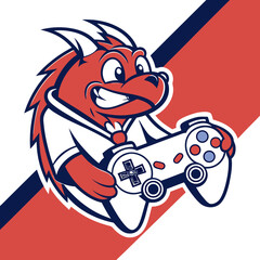 Vector art of cartoon dragon gamer mascot holding a controller, ready to play
