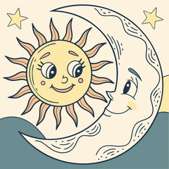 Vector art of cartoon illustration of sun and moon with happy faces, perfect for childrens designs and celestial themes