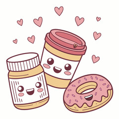 Vector art of cute kawaii coffee, donut, and jar with hearts, perfect for sweet food and drink illustrations