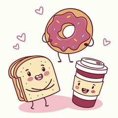Vector art of cute kawaii donut, bread, and coffee with hearts, perfect for sweet food and drink illustrations